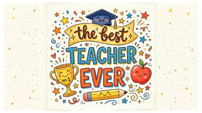 Appreciation illustration 'the best teacher ever' with academic symbols and festive decorations