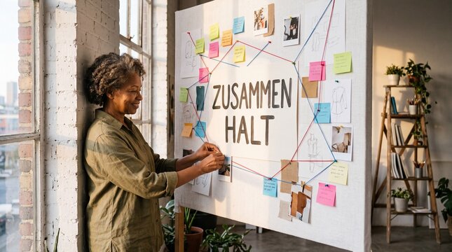 Reife Frau befestigt Faden an Pinnwand mit Schriftzug Zusammenhalt im Atelier