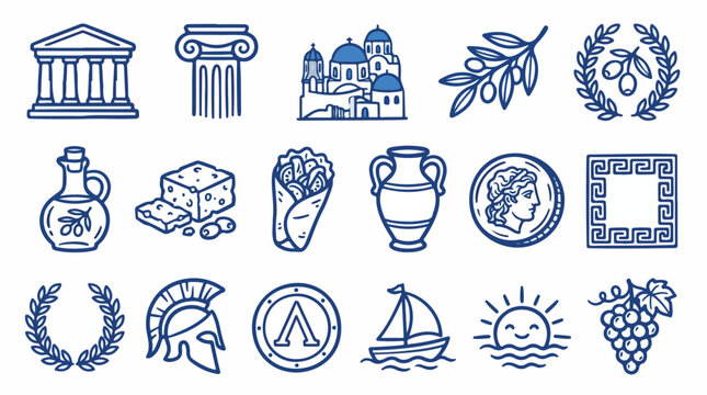 Greek culture line icons set, 18 blue Mediterranean travel symbols, ancient Greece mythology and food vector collection for tourism branding isolated PNG with Transparent Background