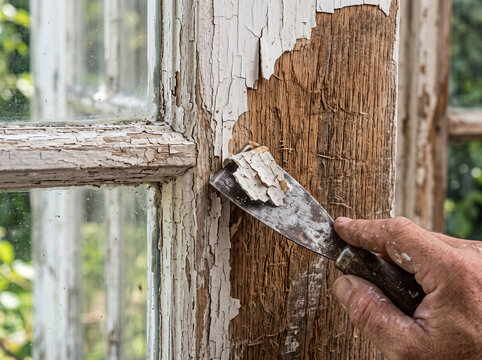 Scraping old weathered paint off wooden window frame with scraper