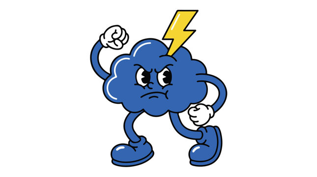 Angry cartoon cloud with lightning bolt and fists.