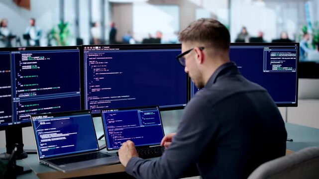 Software Engineer Coding Secure Algorithms On Laptop