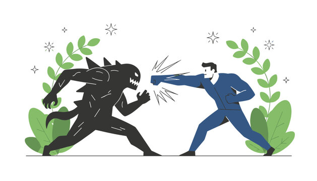 Brave businessman or superhero fighting a scary dark monster representing obstacles, business challenges, or fear.