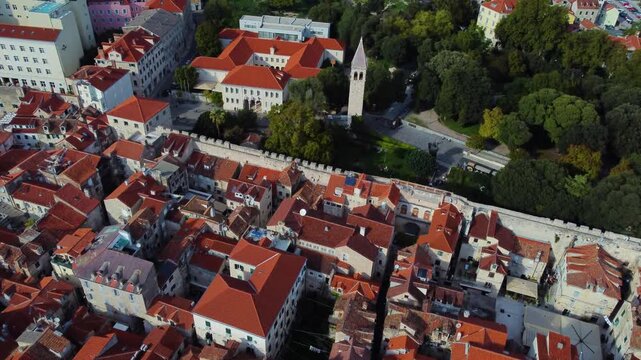 Aerial view of split old town rooftops and bell tower in croatia