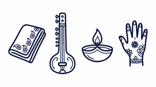 Indian cultural icons set with sitar and diya lamp, traditional henna hand and paisley fabric vector, ethnic folk art symbols isolated PNG with Transparent Background