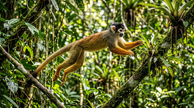 Squirrel Monkey Leaping Between Branches in Tropical Rainforest, Wildlife Action Shot