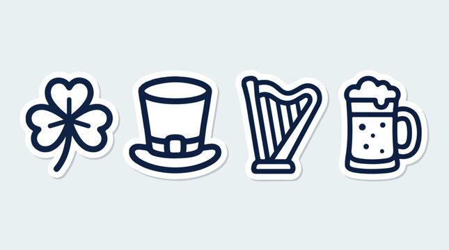 St. Patrick's Day icon set, 4 Irish holiday vector stickers, shamrock clover and leprechaun hat symbols, harp and beer mug illustrations isolated PNG with Transparent Background