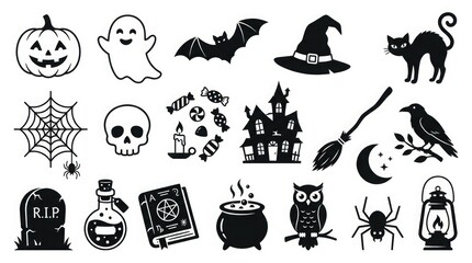 Fototapeta premium Black silhouette halloween icons set spooky elements for festive decorations and graphic design