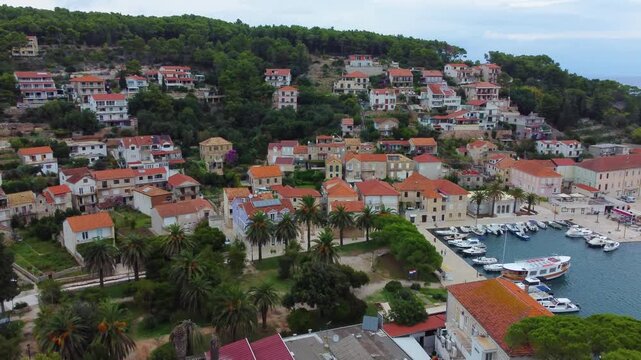 Aerial view flying over jelsa town hvar island in croatia