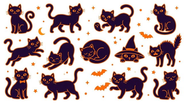 Charming black cat halloween illustrations set for spooky season designs