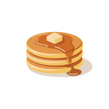 Stack of three fluffy golden pancakes topped with a square of melting butter and drizzled with sweet maple syrup isolated on a white background