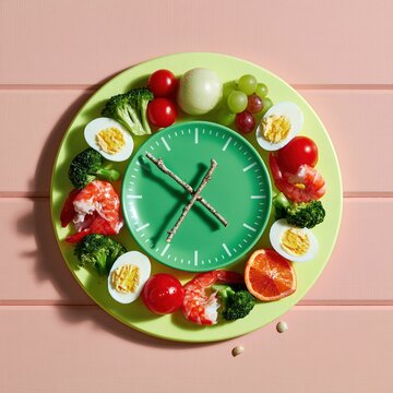 Healthy food clock made of fresh vegetables, shrimp and boiled eggs on a wooden plate for intermittent fasting and diet concepts