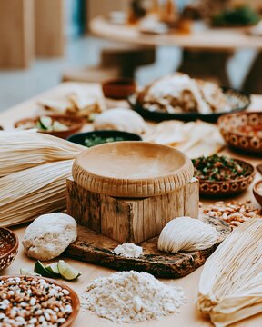 Unglazed terracotta comal podium on a weathered wooden board surrounded by corn husks and masa dough for Latin American food product display