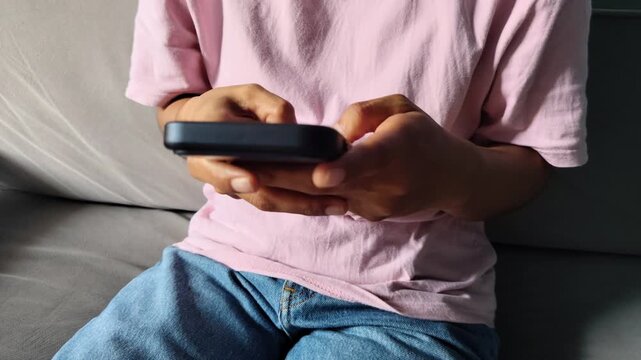 Smartphone in hands, woman with social media and communication, typing in chat with online scroll at home. Female relax in living room, technology and using phone with mobile app, email and contact