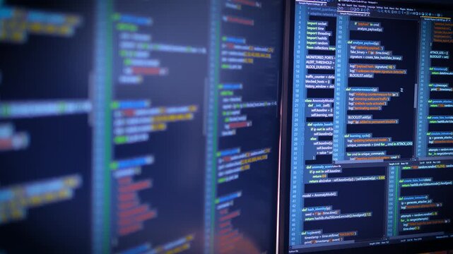 Close up computer monitors displaying fictional programming code and software development interface, technology workspace concept