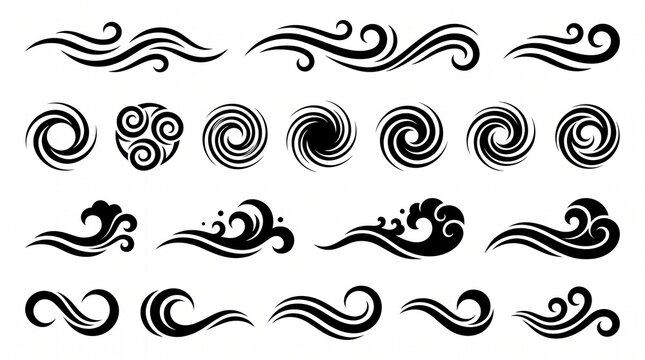 Elegant swirling wind motif icons set, minimalist vector graphics, flowing abstract energy lines, transparent background, decorative batch‑ready assets.