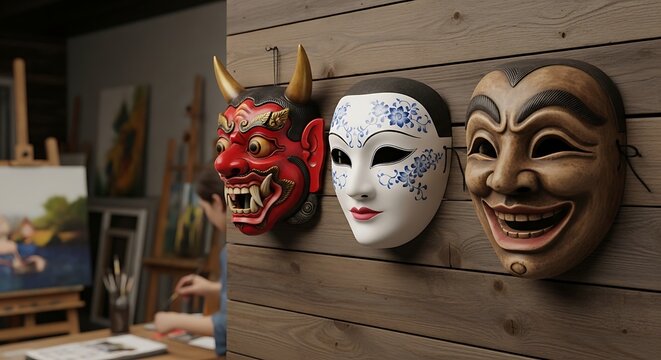 Three handcrafted ornamental masks featuring diverse expressions displayed on a rustic wooden wall inside an artist studio where a painter works on a canvas to create traditional decorative