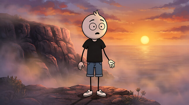 Cartoon character standing on a cliff at sunset. Animated boy looking at misty ocean view.