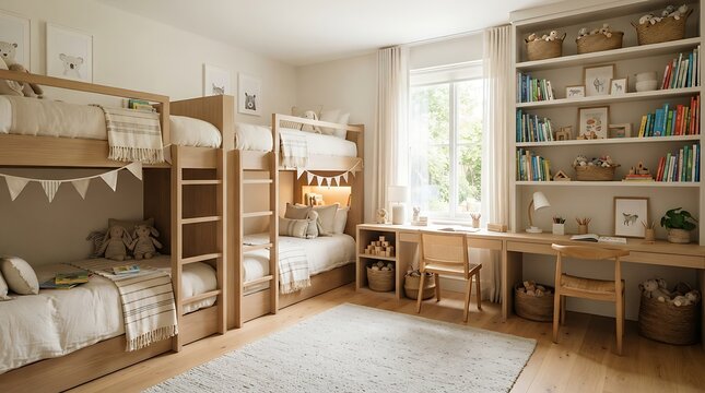 Cozy kids bedroom with bunk beds and desk