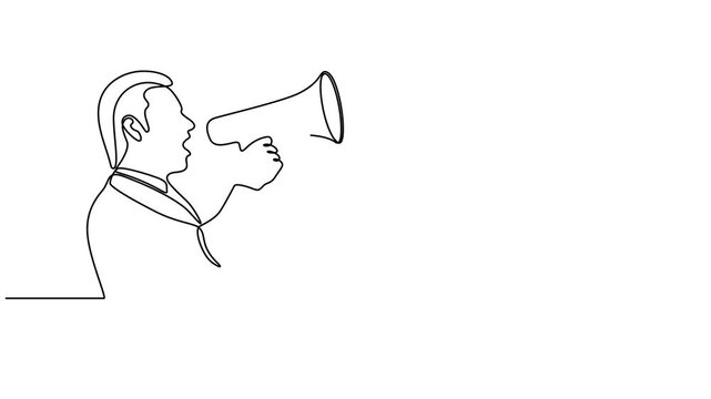 Animated video of a male businessman standing holding a megaphone ready to speak giving information and one person in front of him ready to listen.