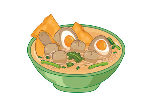 bowl full of various meatballs in a beef stock illustration