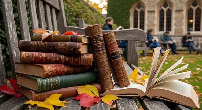 A stack of ancient hardcover literature rests on a wooden bench outdoors while students study in the distance during a peaceful autumn afternoon session in a historic garden setting at the campus