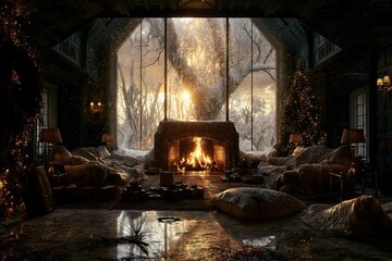 Obraz premium Cozy winter living room with a glowing brick fireplace and illuminated Christmas tree against a snowy window backdrop for holiday greeting cards
