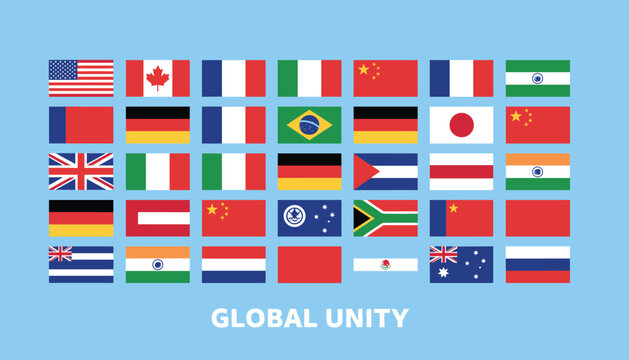 Global unity display showcasing a colorful grid of international national flags from various countries around the world.
