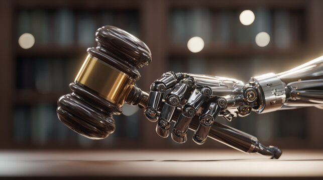 Robot hand holding a gavel in a modern setting.