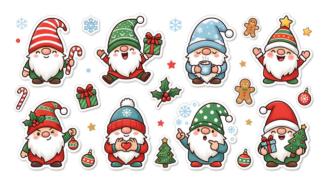 Collection of cute Christmas gnome stickers with different emotions, gifts, candy canes, snowflakes and holiday elements, kawaii cartoon style, white background, modern children's design, clean compos