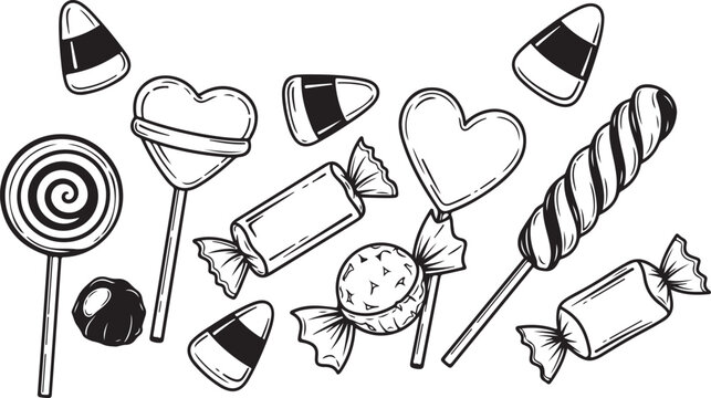 Halloween candy icons, black and white sweets illustrations, vector candy collection, holiday treats