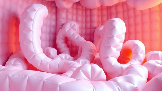 Pink intestines visible against dark background. Detailed anatomy illustration, possibly medical imagery, shows digestive system structure.