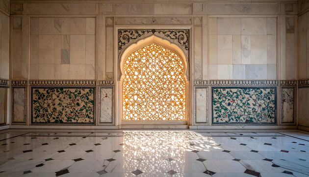 Mughal palace interior look detailed and full of authentic historical reconstruction warm filtered photography generative AI