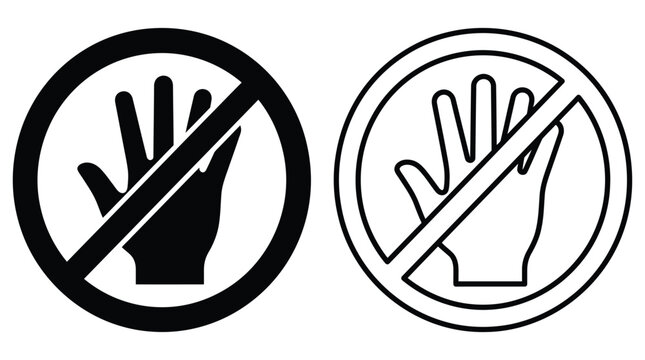 Prohibited sign with open hand silhouette black and white vector illustration