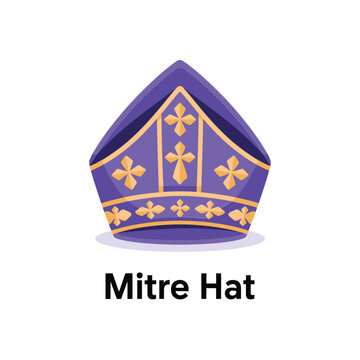 Purple bishop mitre hat with gold cross patterns and decorative trim isolated on a white background, for religious church, and clergy