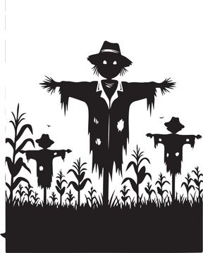 Scarecrow silhouettes, black scarecrow icons, cornfield guardians, vector scarecrows