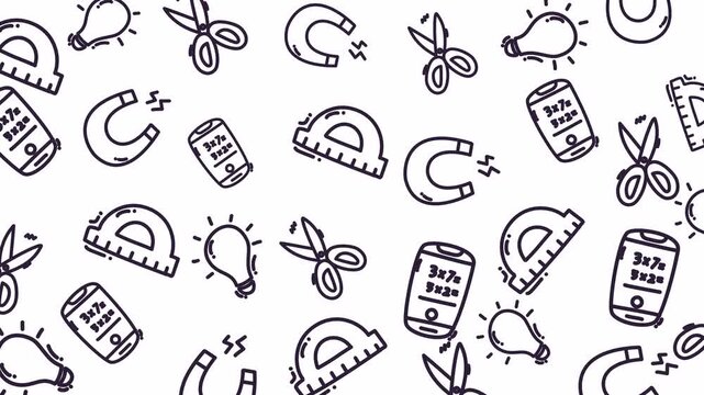Seamless loop animation of education and science line icons floating on transparent alpha background, perfect for e-learning, school and creative motion graphic projects in 4K.