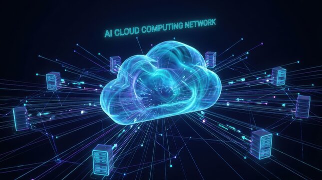 Abstract glowing cloud computing network with connected servers in a digital ether