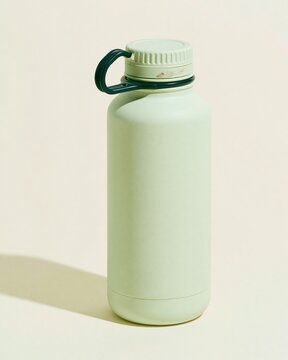 Pale green reusable water bottle with a dark navy handle loop against a neutral background for product mockup and healthy lifestyle themes