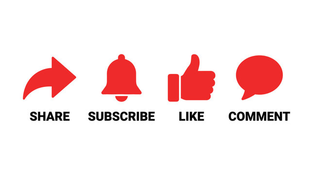 Share, subscribe, like, and comment icon set red social media button vector illustration