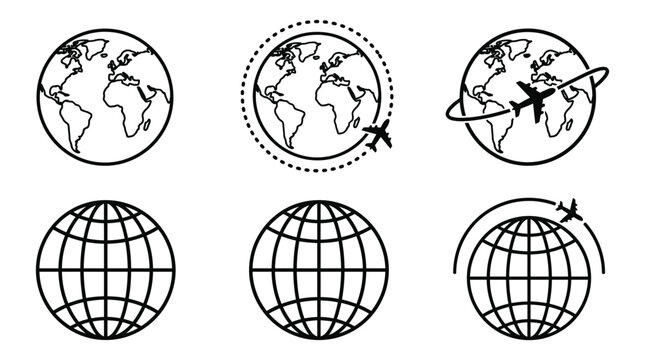 World globe icon set travel airplane earth global vector illustration line outline