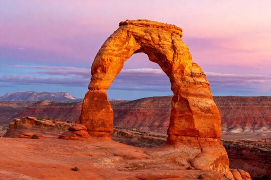 Delicate Arch at sunset in a desert landscape with red rock formations and distant mountains under a colorful sky
