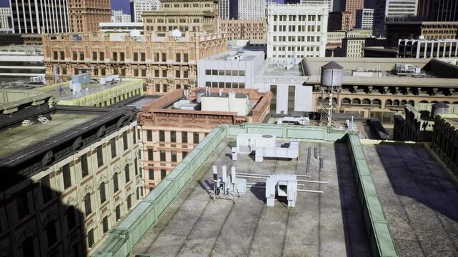 Contractor planning rooftop repair layout with blueprint, scaffold access points, roof vents and utility boxes, daytime construction readiness and material