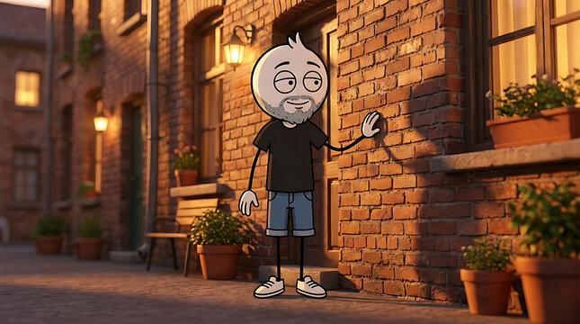 Cartoon man standing by brick wall. Animated character touching a rustic building exterior.