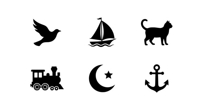 Silhouette Icons: Bird, Sailboat, Cat, Train, Moon Star, Anchor, Vector Set