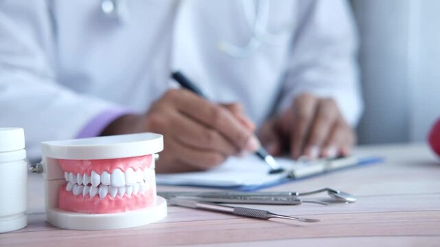 Dentist writing notes next to dental model and tools footage