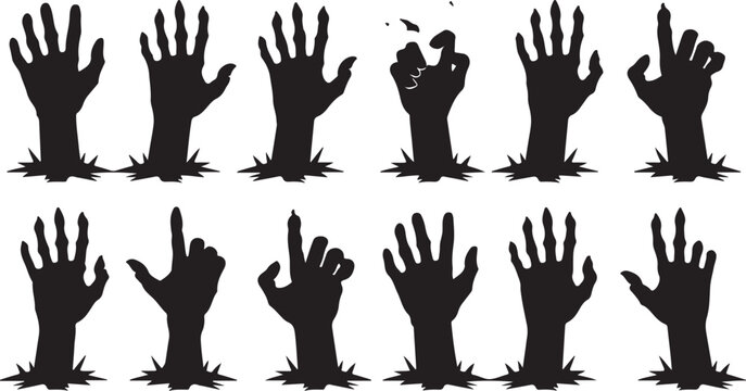 Zombie hands silhouette. Creepy zombie crooked lambs stick out of graveyard ground vector illustration set. Halloween zombie hands