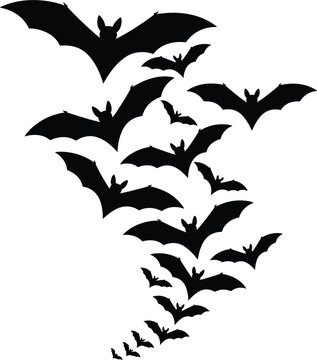 Halloween flying bats swarm black silhouette vector illustration, scary flock of vampires isolated on white