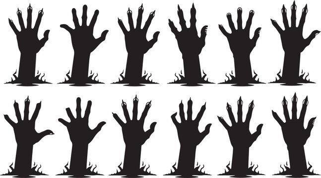 Zombie hands silhouette. Creepy zombie crooked lambs stick out of graveyard ground vector illustration set. Halloween zombie hands