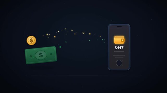 Mobile wallet money transfer animation with cash and coins filling smartphone balance counter